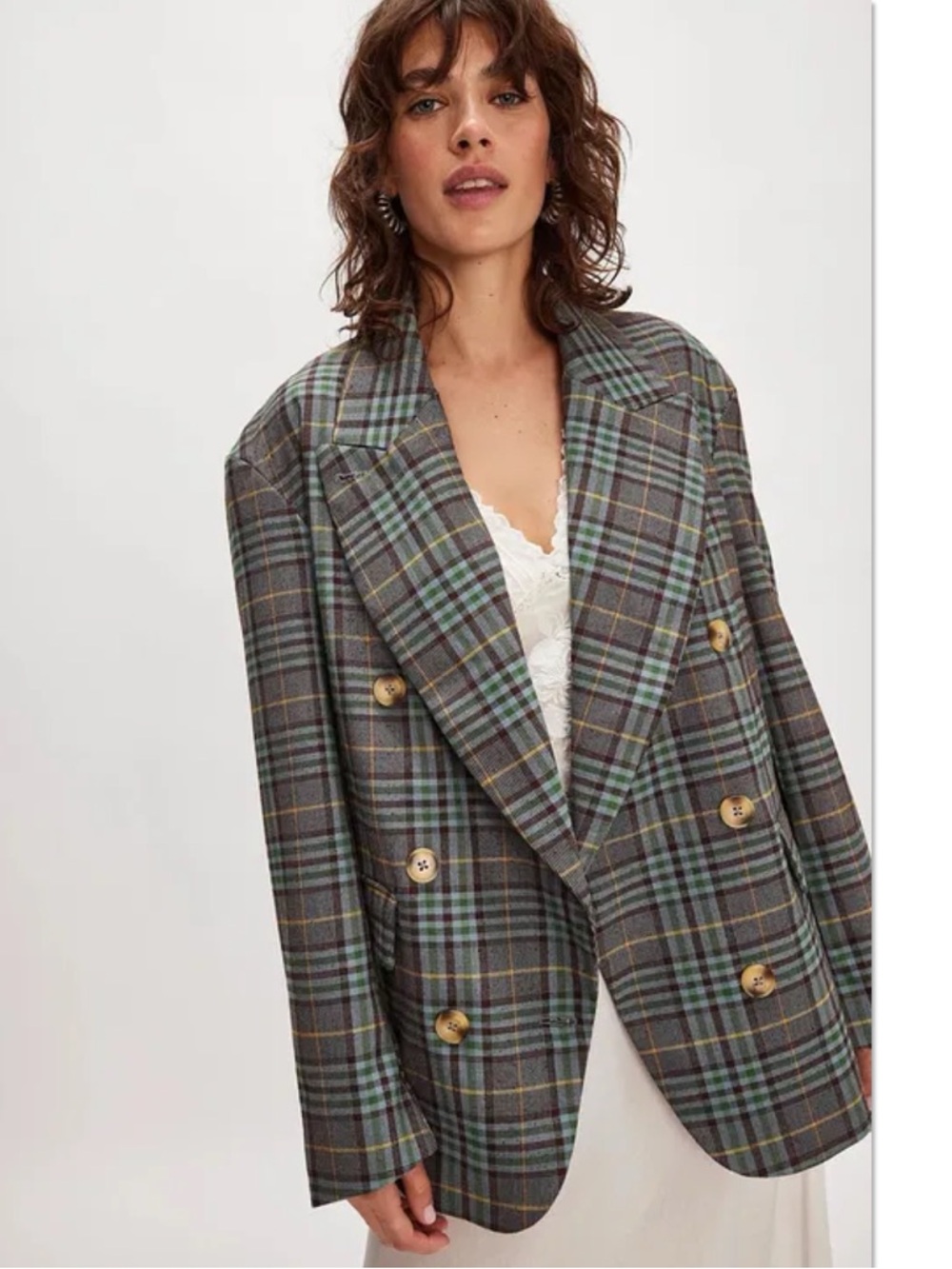 Free People Dean Double-Breasted Blazer Jacket Oversized Oliver Plaid Size L NWT